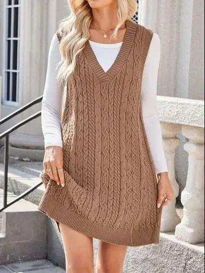 Lovelet Cable Knit V-Neck Mini Sweater Overall Dress - Trendsi - Flyclothing LLC