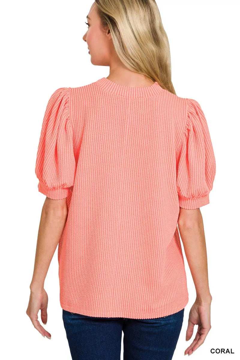 Zenana Raised Rib Puff Sleeve Top - Trendsi - Flyclothing LLC