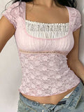 Devine Lace Square Neck Short Sleeve Top - Trendsi - Flyclothing LLC