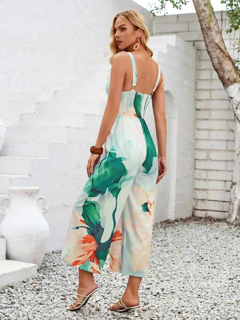 Cutout Printed Wide Strap Jumpsuit - Trendsi - Flyclothing LLC