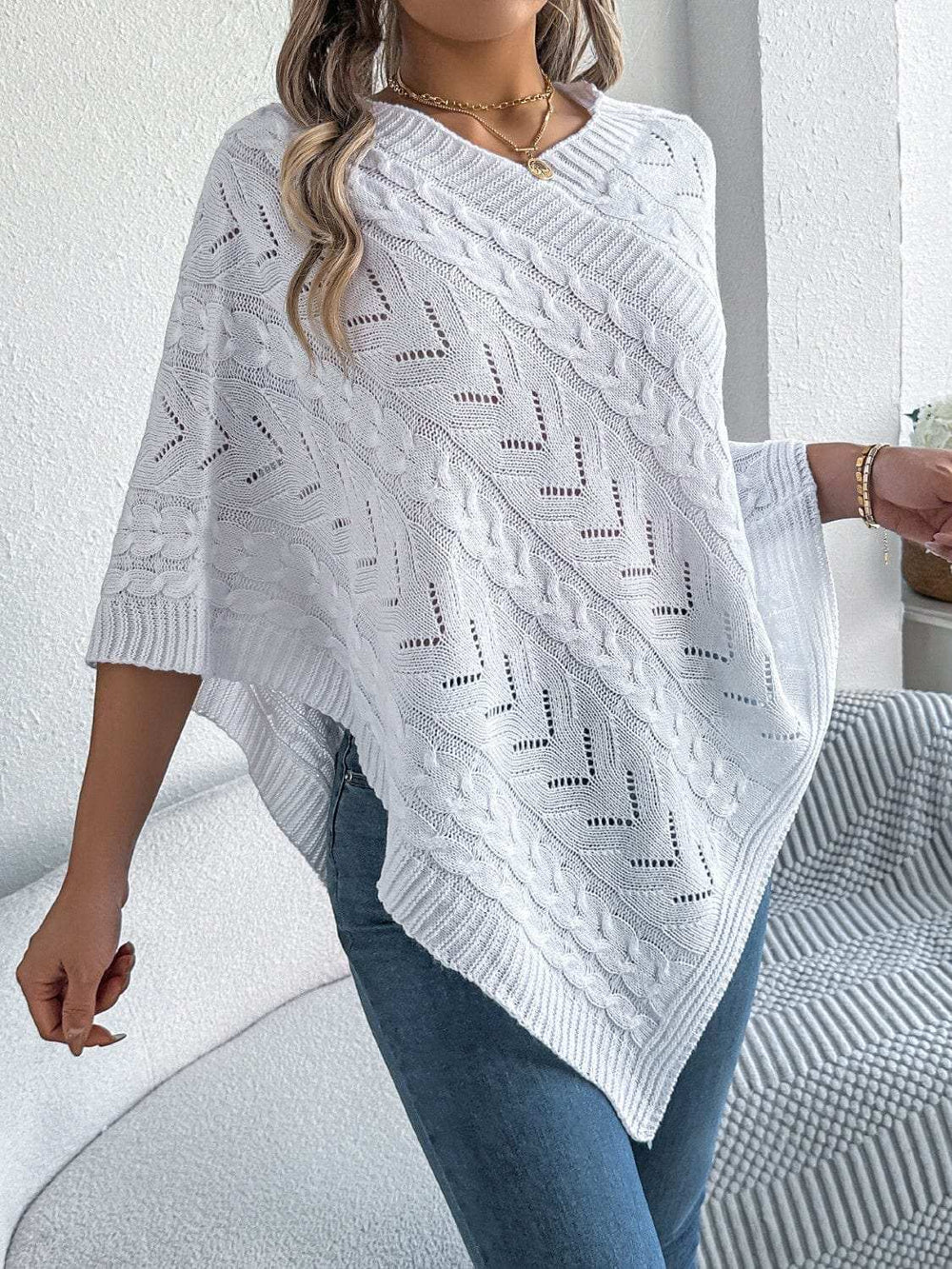 Cable-Knit Openwork Three-Quarter Sleeve Sweater - Trendsi - Flyclothing LLC