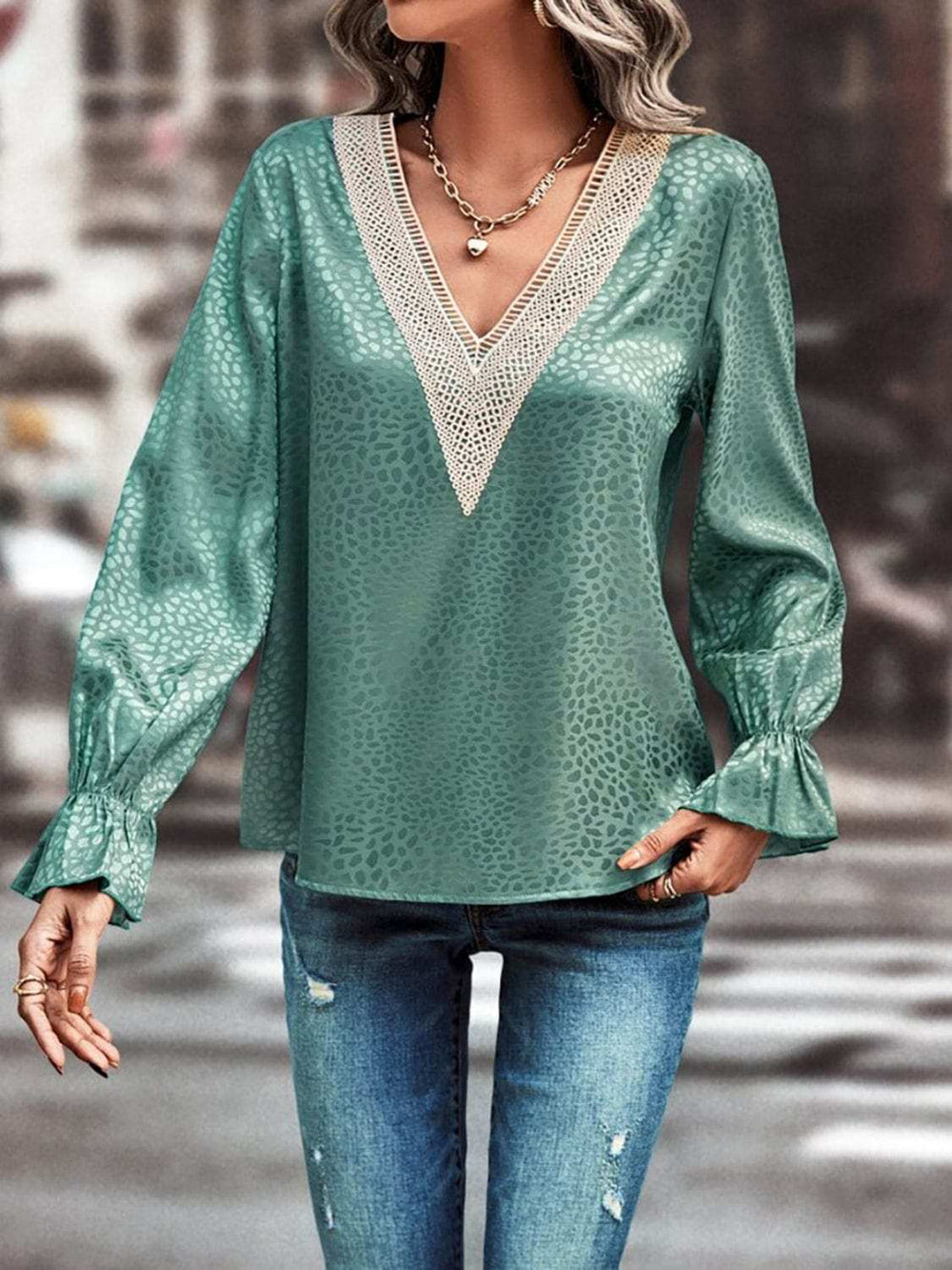 V-Neck Flounce Sleeve Blouse - Trendsi - Flyclothing LLC