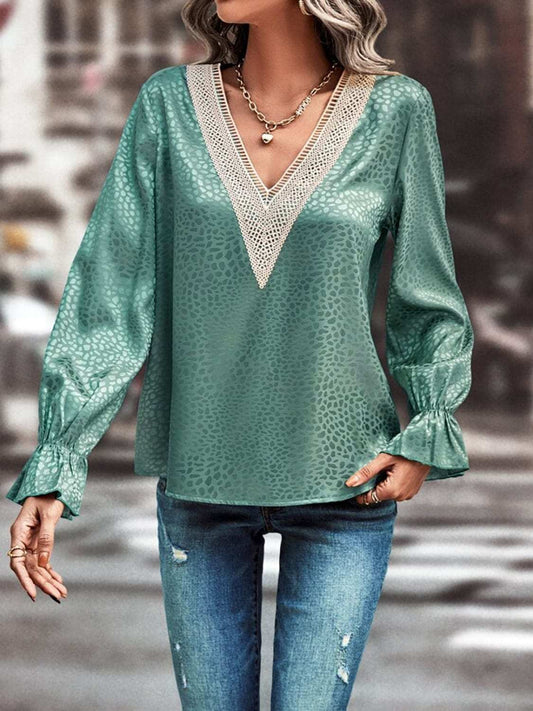 V-Neck Flounce Sleeve Blouse - Trendsi - Flyclothing LLC