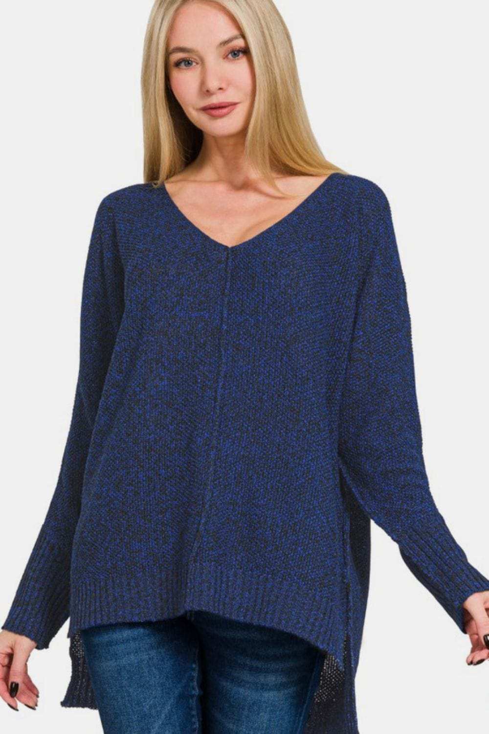 Zenana High-Low Center Seam V-Neck Sweater - Trendsi - Flyclothing LLC