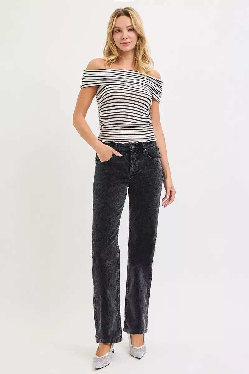 RISEN Tummy Control Mid Rise Straight Leg Corduroy Pants - Trendsi - Flyclothing LLC