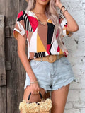 Printed V-Neck Short Sleeve Blouse - Trendsi - Flyclothing LLC