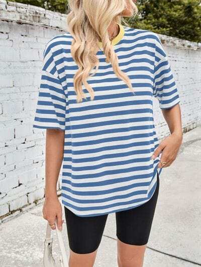 Lovelet Striped Round Neck Half Sleeve T-Shirt - Trendsi - Flyclothing LLC