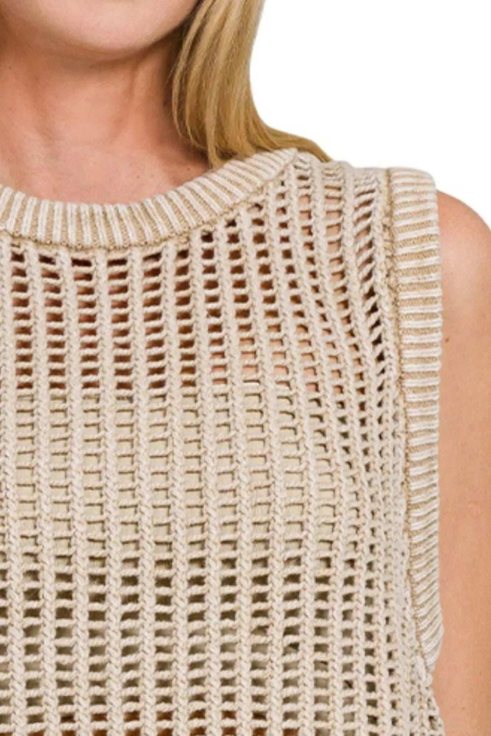 Zenana Acid Washed Fishnet Sweater Vest - Trendsi - Flyclothing LLC