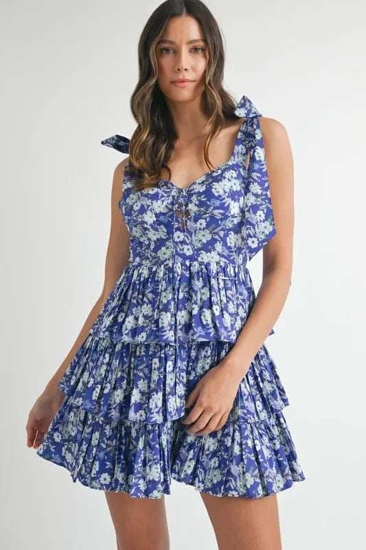 MABLE Floral Print Shoulder Tie Layered Mini Dress - Trendsi - Flyclothing LLC
