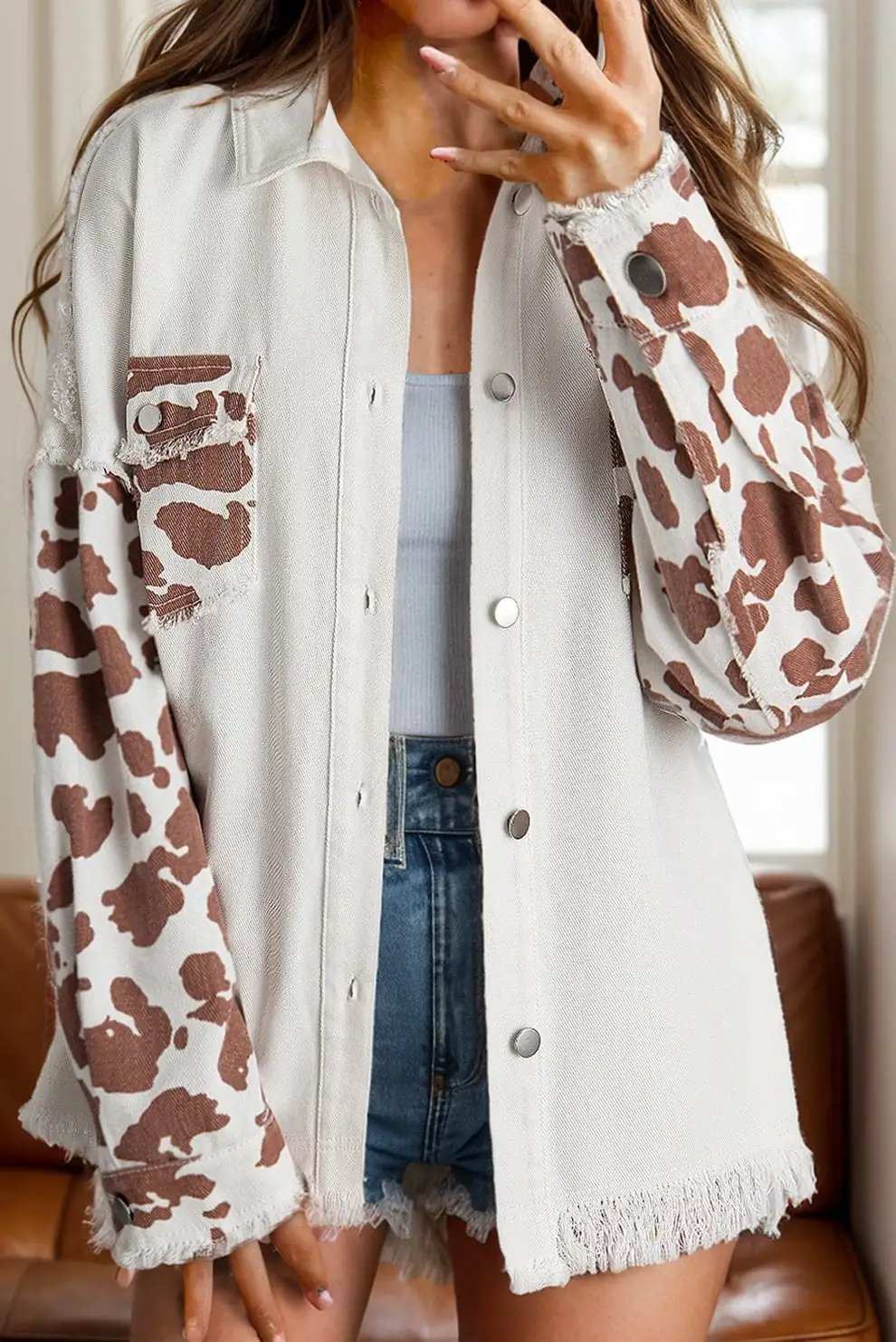 Raw Hem Animal Print Long Sleeve Denim Jacket - Trendsi - Flyclothing LLC