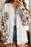 Raw Hem Animal Print Long Sleeve Denim Jacket - Trendsi - Flyclothing LLC