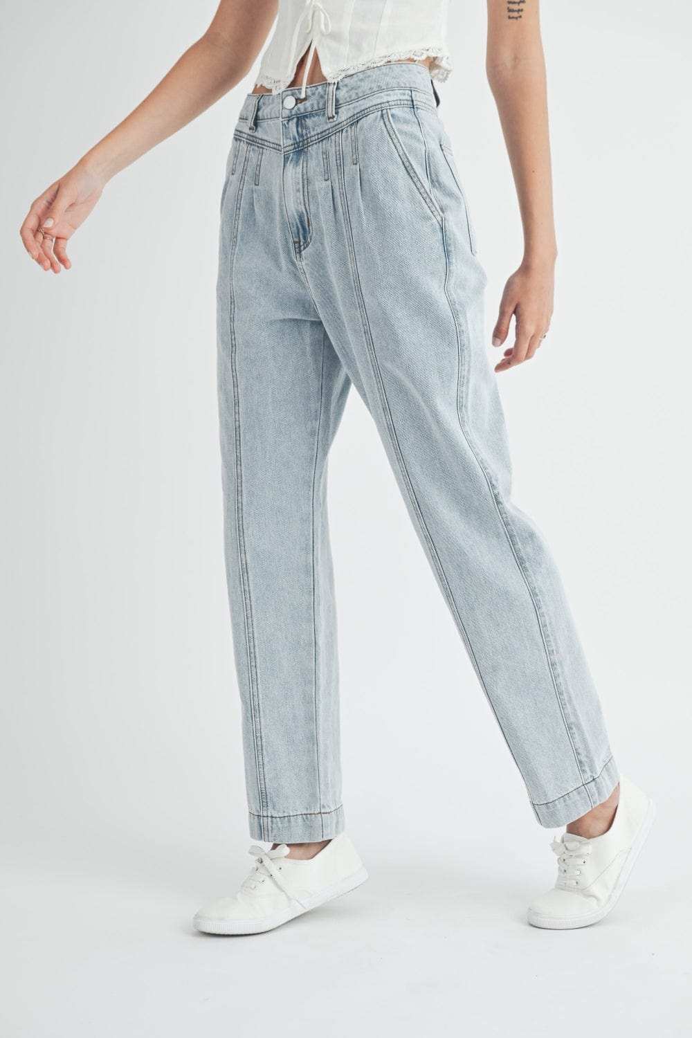 MABLE Pleated Front Detail Straight Jeans - Trendsi - Flyclothing LLC
