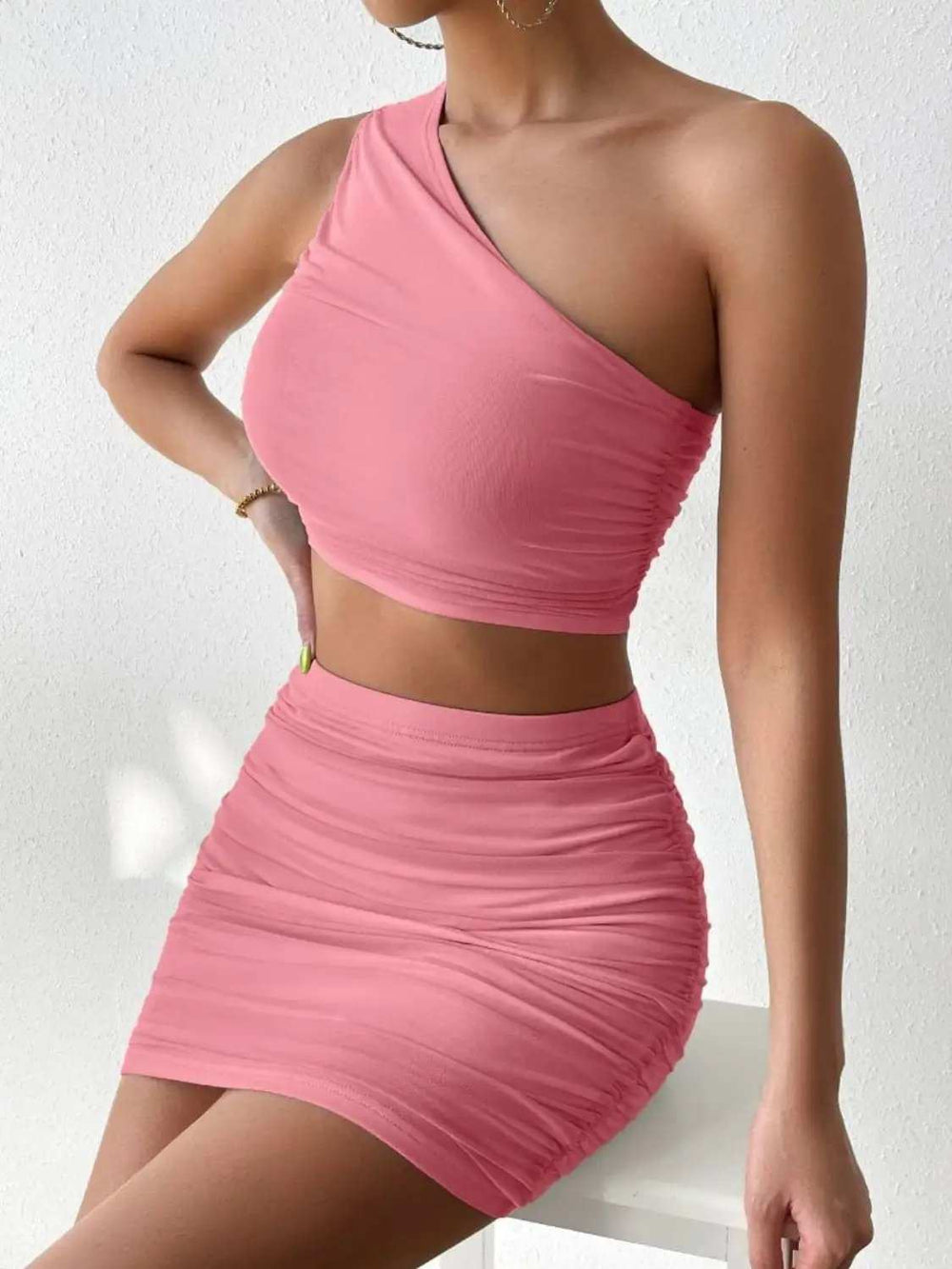 Ruched Single Shoulder Top and Skirt Set - Trendsi - Flyclothing LLC