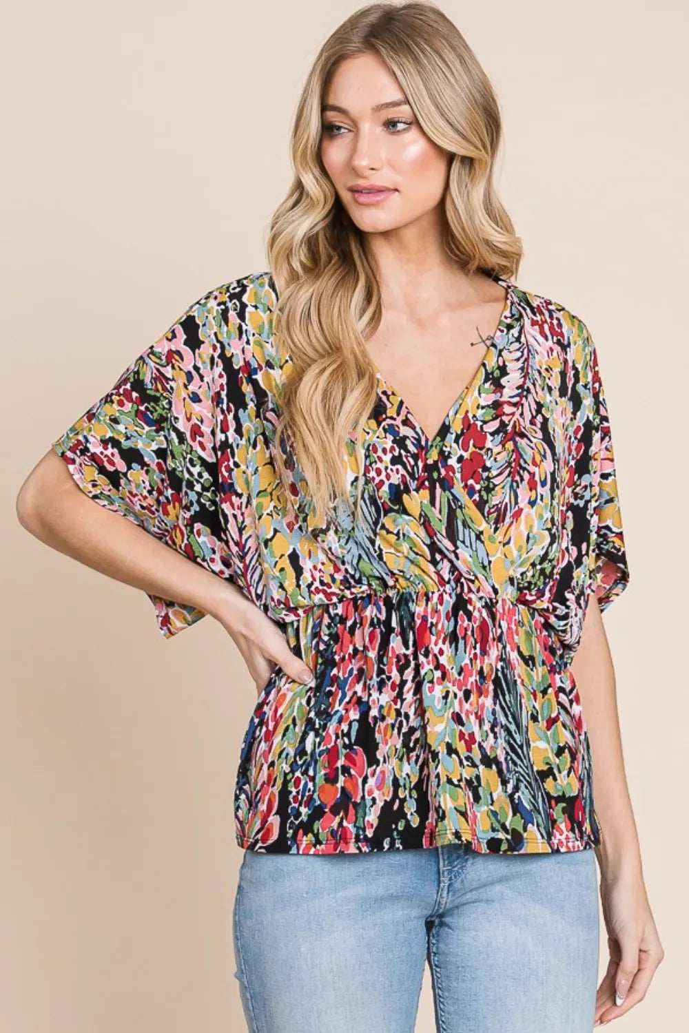 BOMBOM Printed Surplice Peplum Blouse - Trendsi - Flyclothing LLC