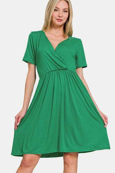 Zenana Surplice Short Sleeve Brushed DTY Dress - Trendsi - Flyclothing LLC