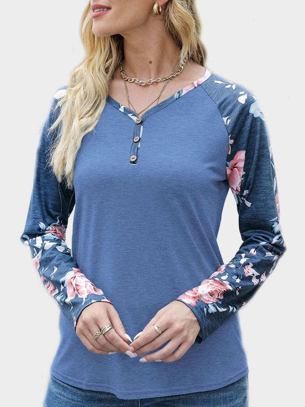 V-Neck Floral Long Sleeve T-Shirt - Trendsi - Flyclothing LLC