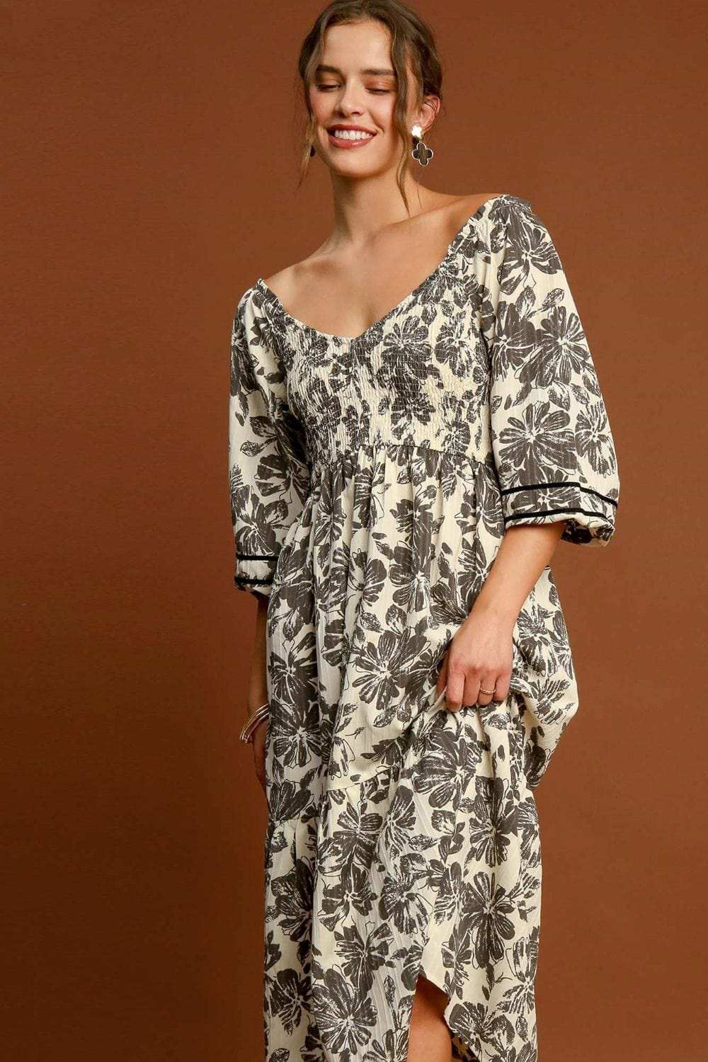 Umgee Ruffle Hem Flower Printed V-Neck Dress - Trendsi - Flyclothing LLC