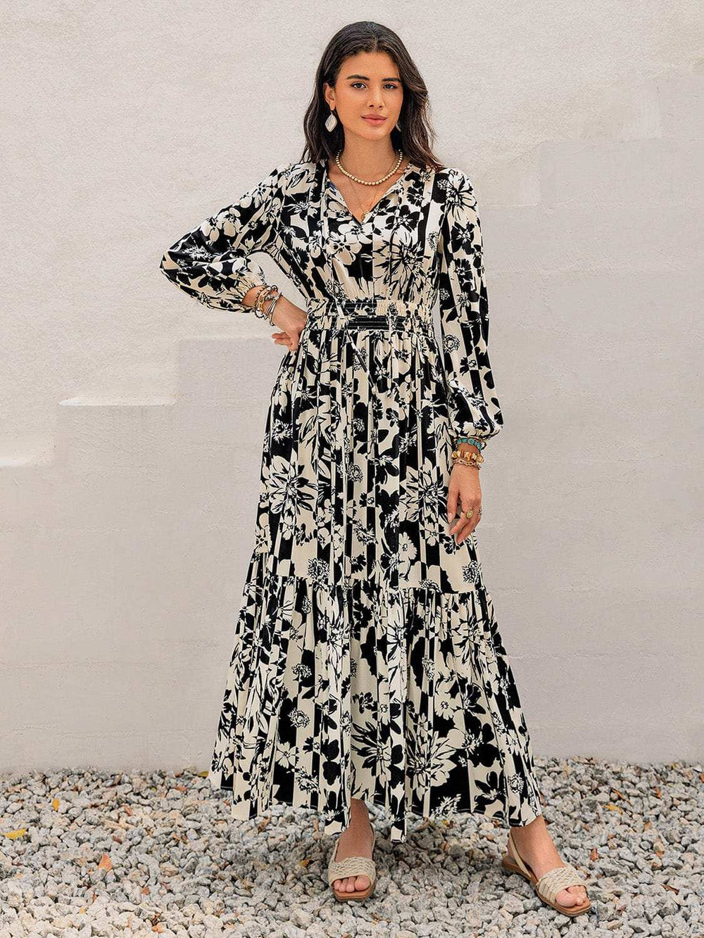 Smocked Printed Tie Neck Long Sleeve Dress - Trendsi - Flyclothing LLC