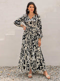 Smocked Printed Tie Neck Long Sleeve Dress - Trendsi - Flyclothing LLC