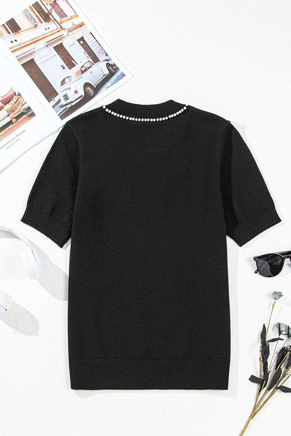 Pearl Bow Necklace Embellished Short Sleeve Knit Top - Trendsi - Flyclothing LLC