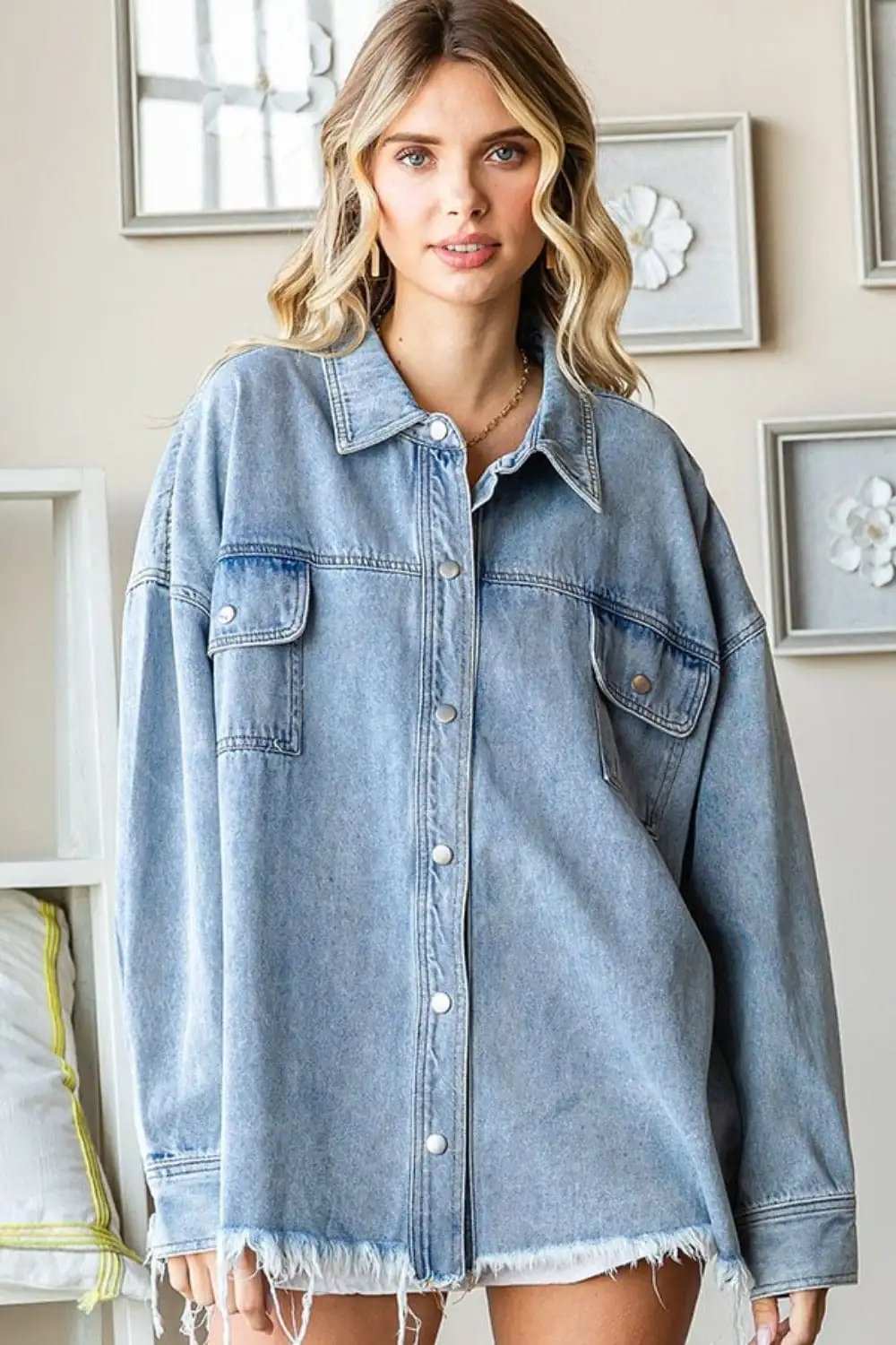 First Love Smile Face Button Down Raw Hem Denim Jacket - Trendsi - Flyclothing LLC