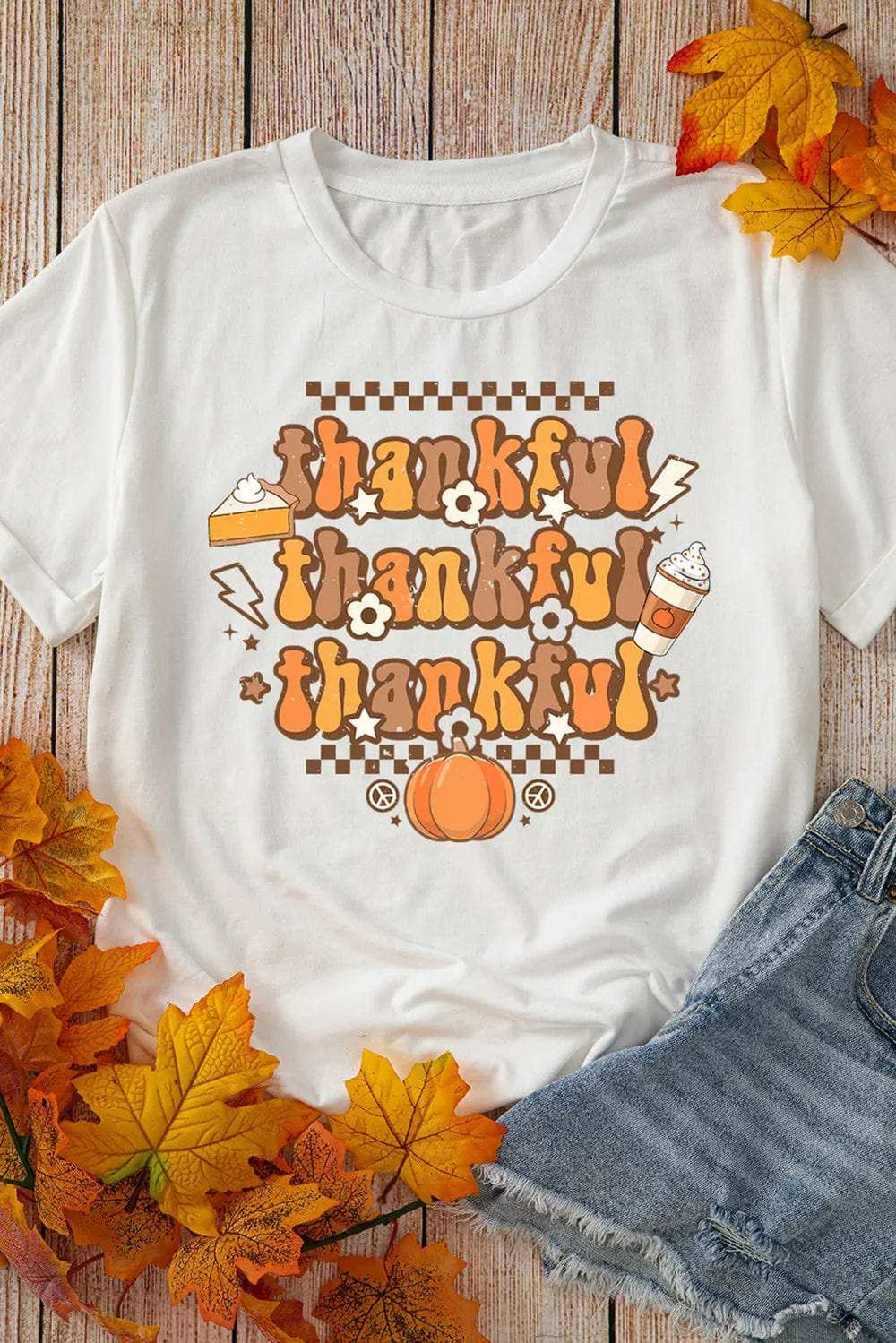 THANKFUL Round Neck Short Sleeve T-Shirt - Trendsi - Flyclothing LLC