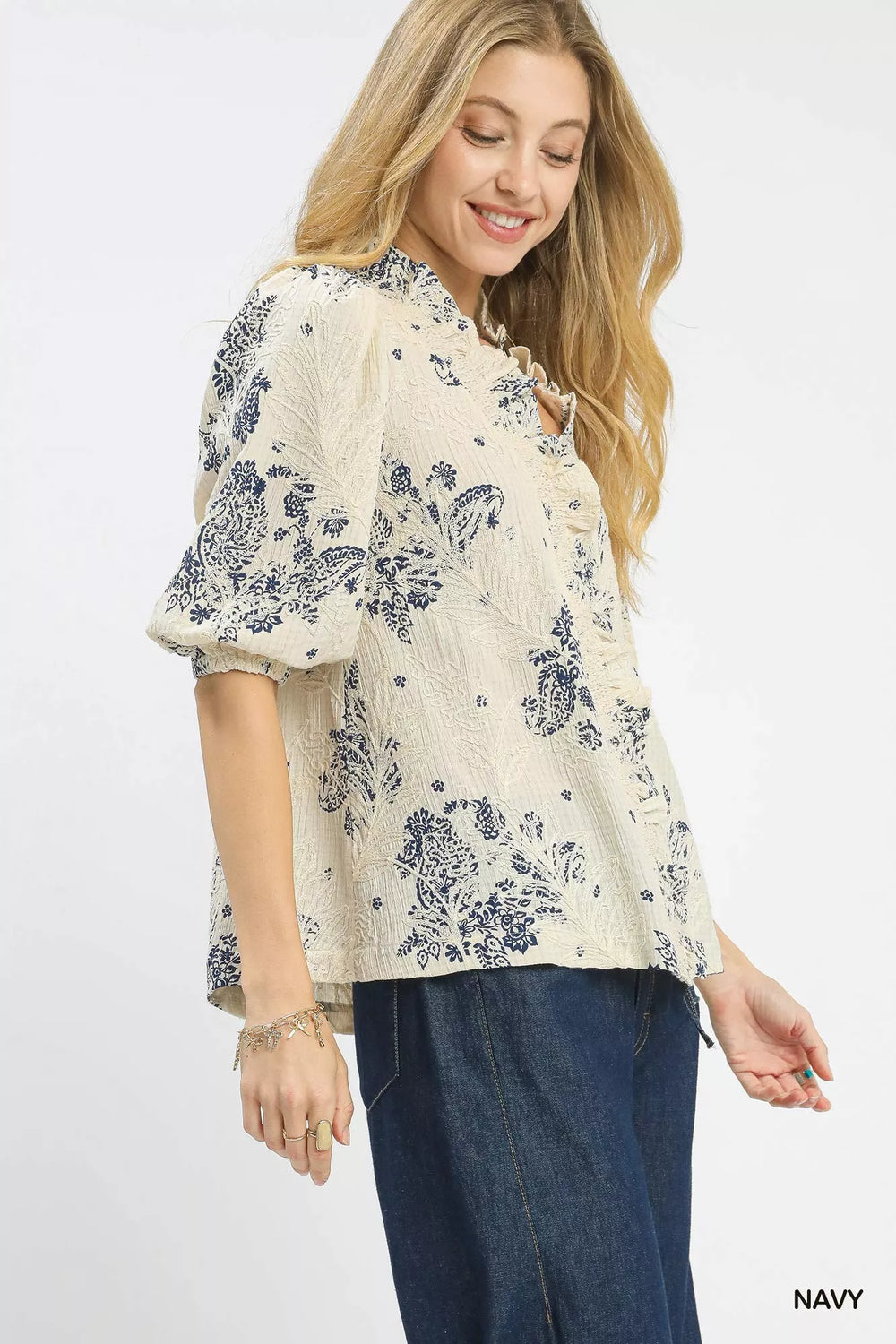 Umgee Floral Embroidered Blouse with Ruffle Trim - Trendsi - Flyclothing LLC