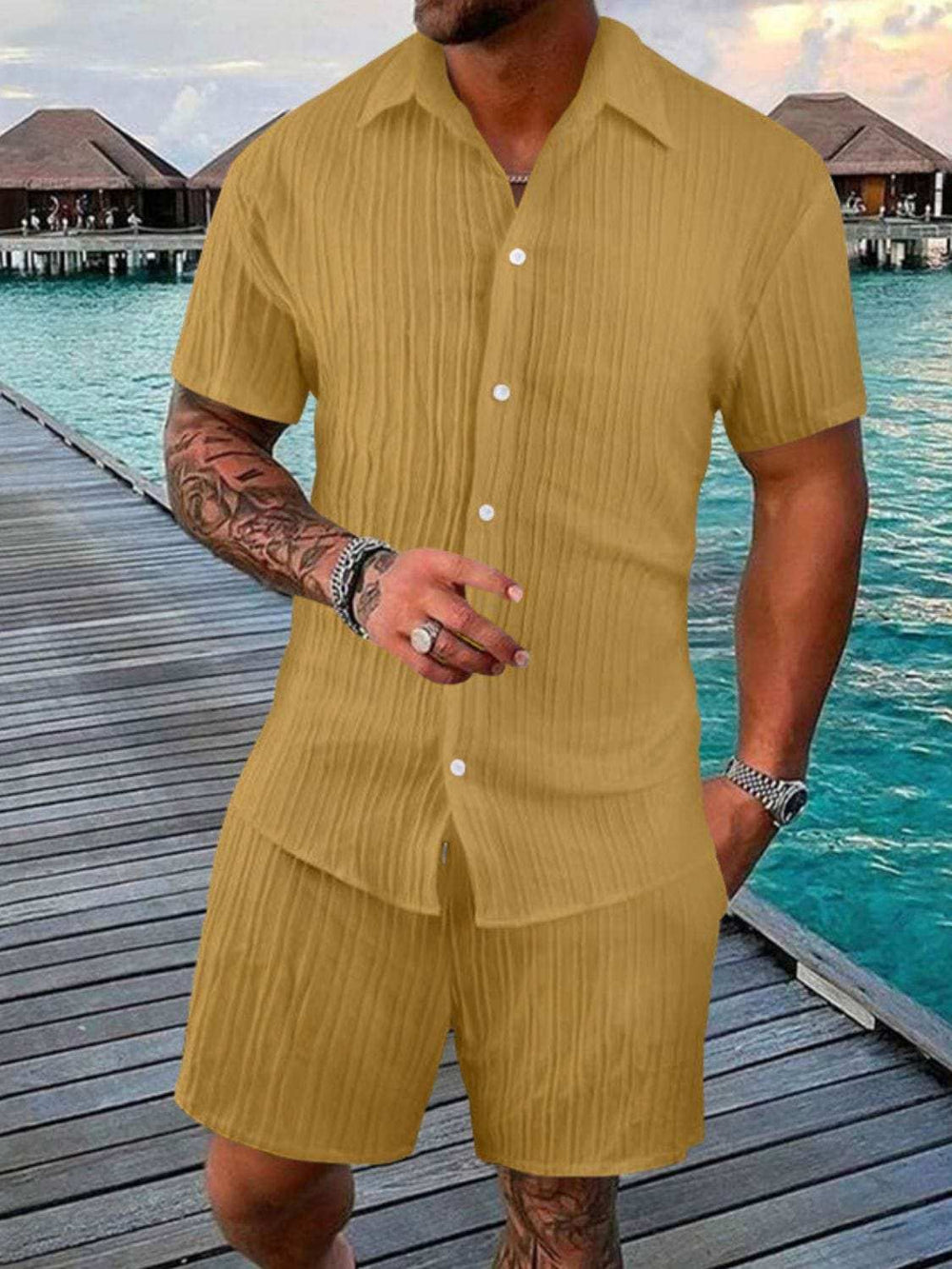 Men's Full Size Button Down Short Sleeve Shirt and Shorts Set Plus Size - Trendsi - Flyclothing LLC