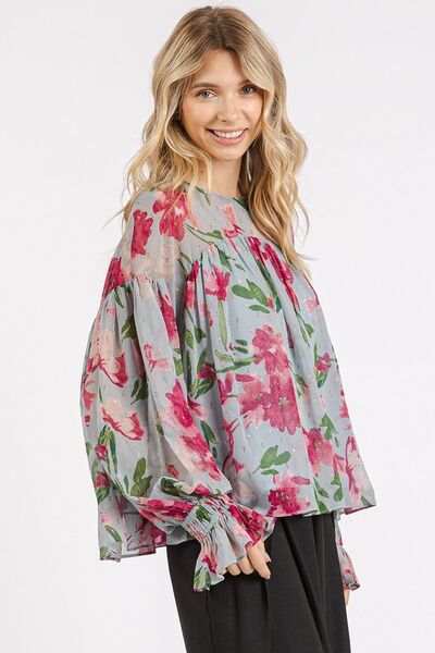 Mittoshop Floral Round Neck Flounce Sleeve Blouse - Trendsi - Flyclothing LLC