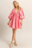 HYFVE Plunge Balloon Sleeve Poplin Mini Dress with Pockets - Trendsi - Flyclothing LLC