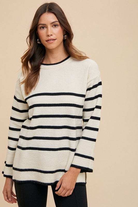 Annie Wear Side Slit Striped Round Neck Sweater - Trendsi - Flyclothing LLC