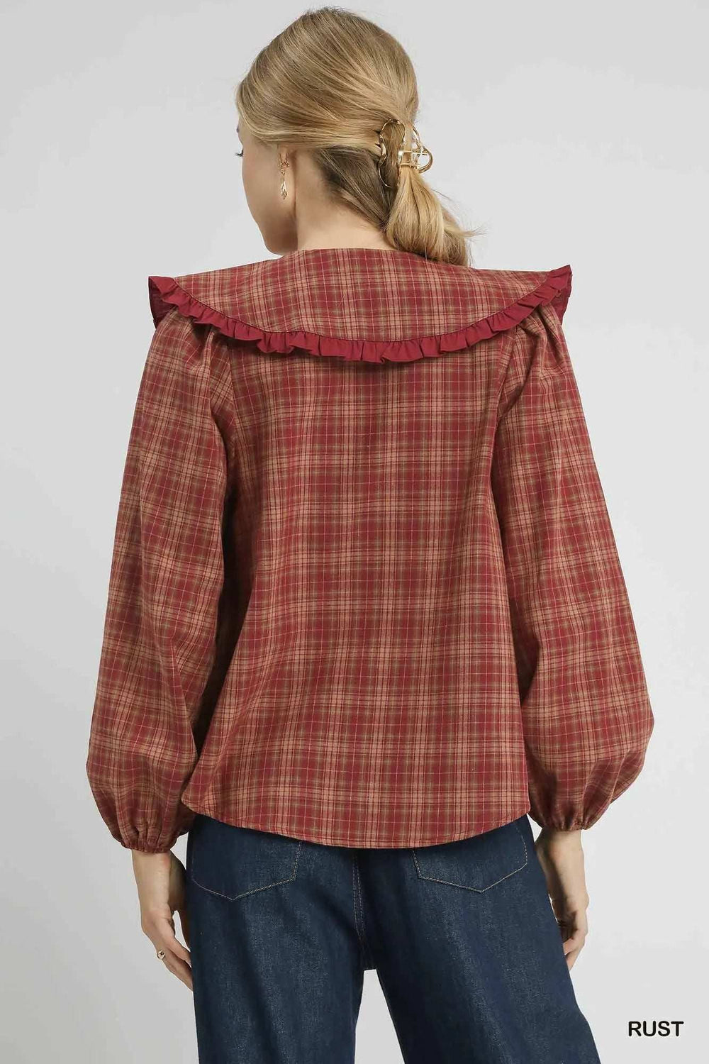 Umgee Full Size Plaid Ruffle Collar Blouse Plus Size - Trendsi - Flyclothing LLC