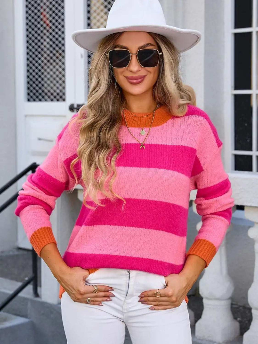 Contrast Striped Round Neck Sweater - Trendsi - Flyclothing LLC