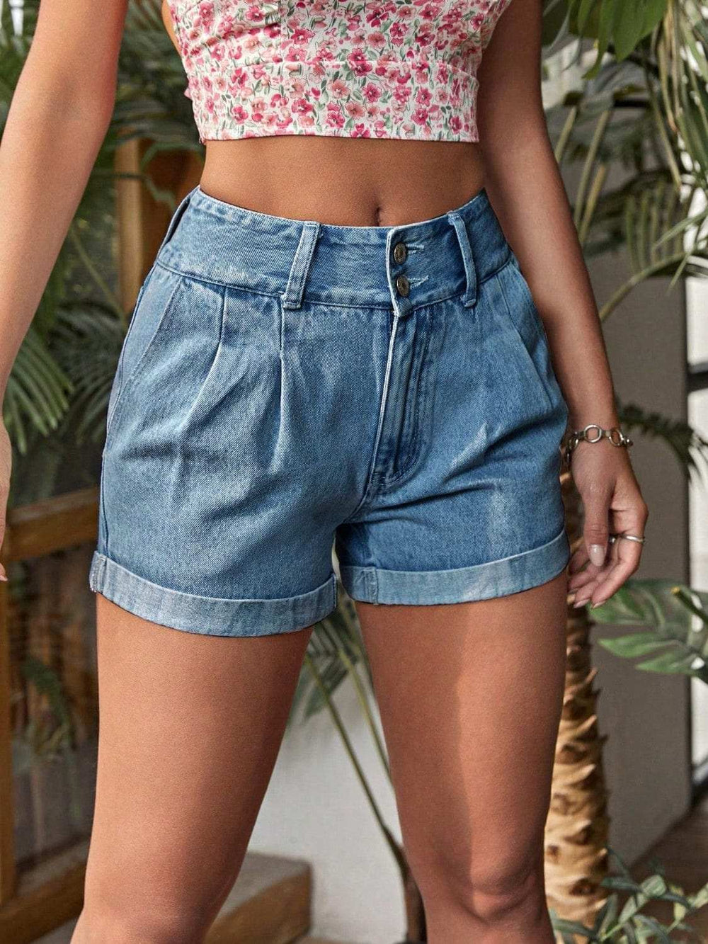Pleated Detail High Rise Denim Shorts - Trendsi - Flyclothing LLC