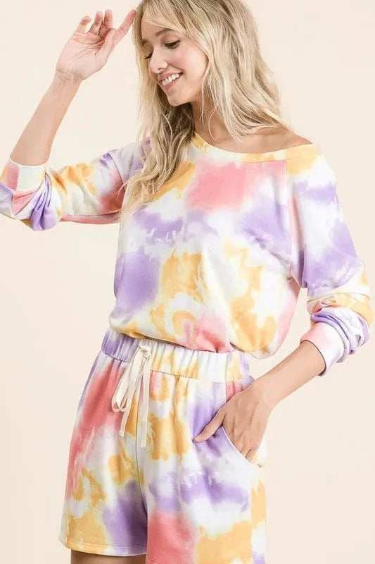 BiBi Tie Dye French Terry Top and Shorts Set - Trendsi - Flyclothing LLC