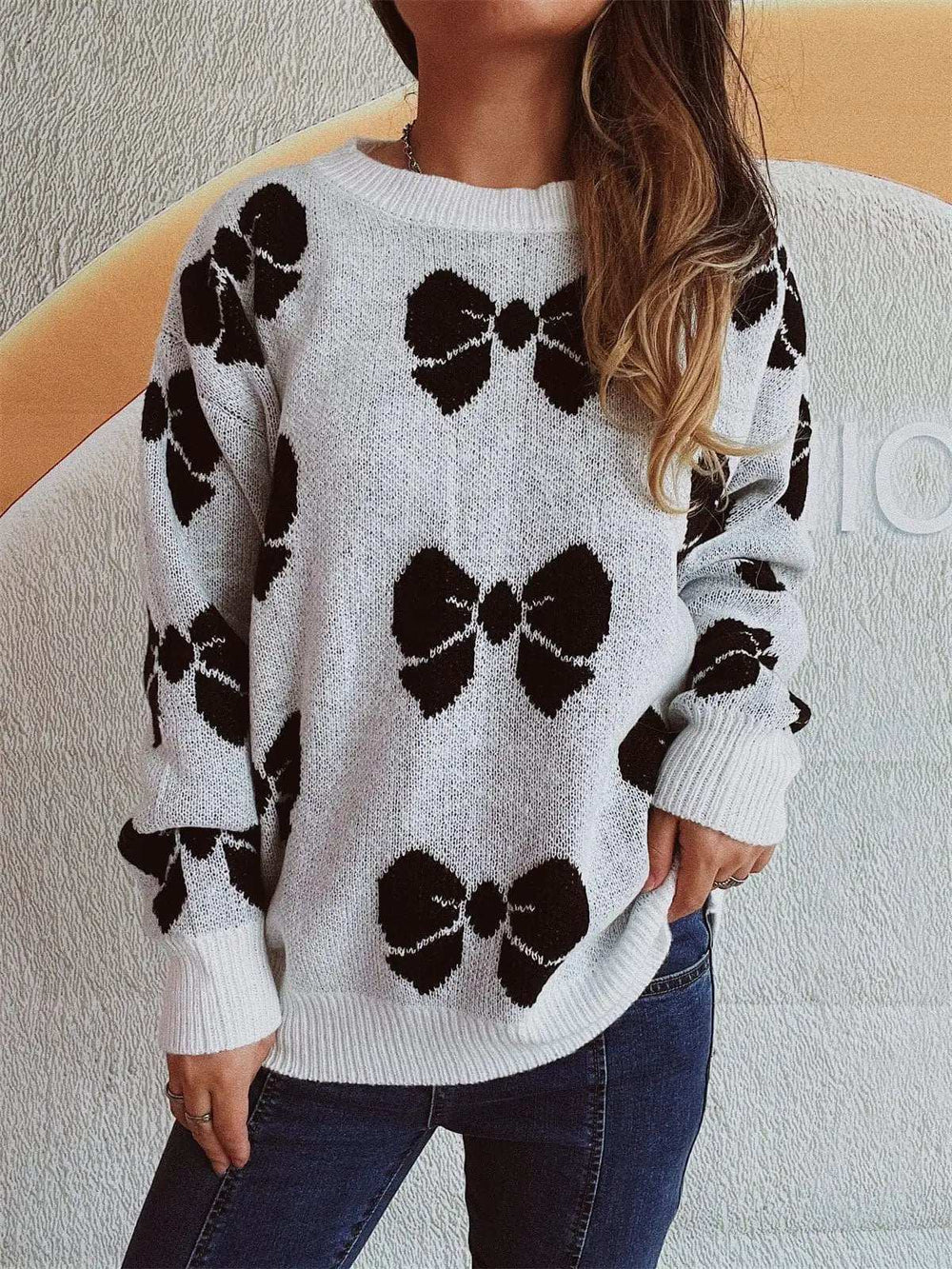 Bow Round Neck Dropped Shoulder Sweater - Trendsi - Flyclothing LLC