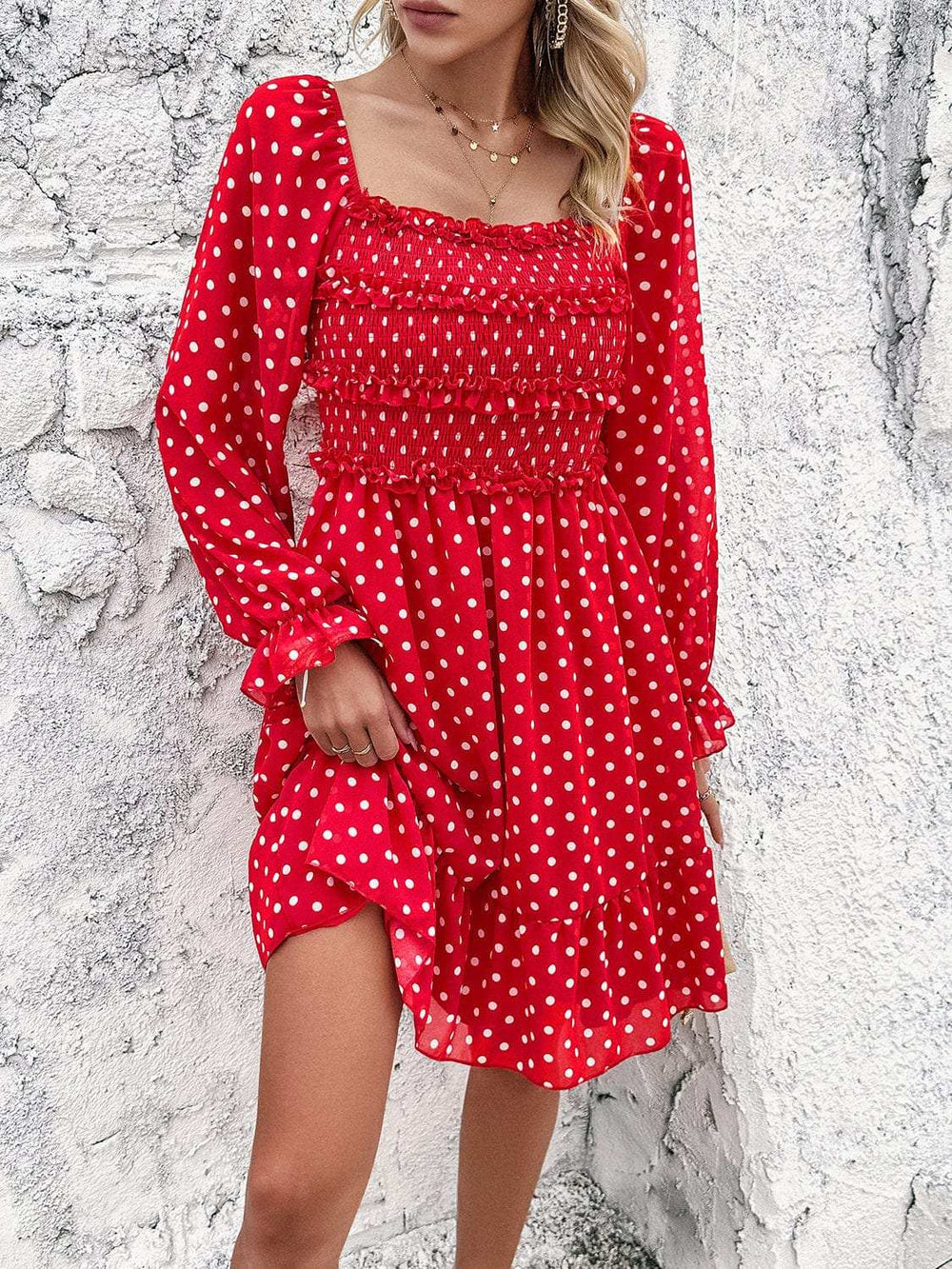 Smocked Polka Dot Long Sleeve Dress - Trendsi - Flyclothing LLC