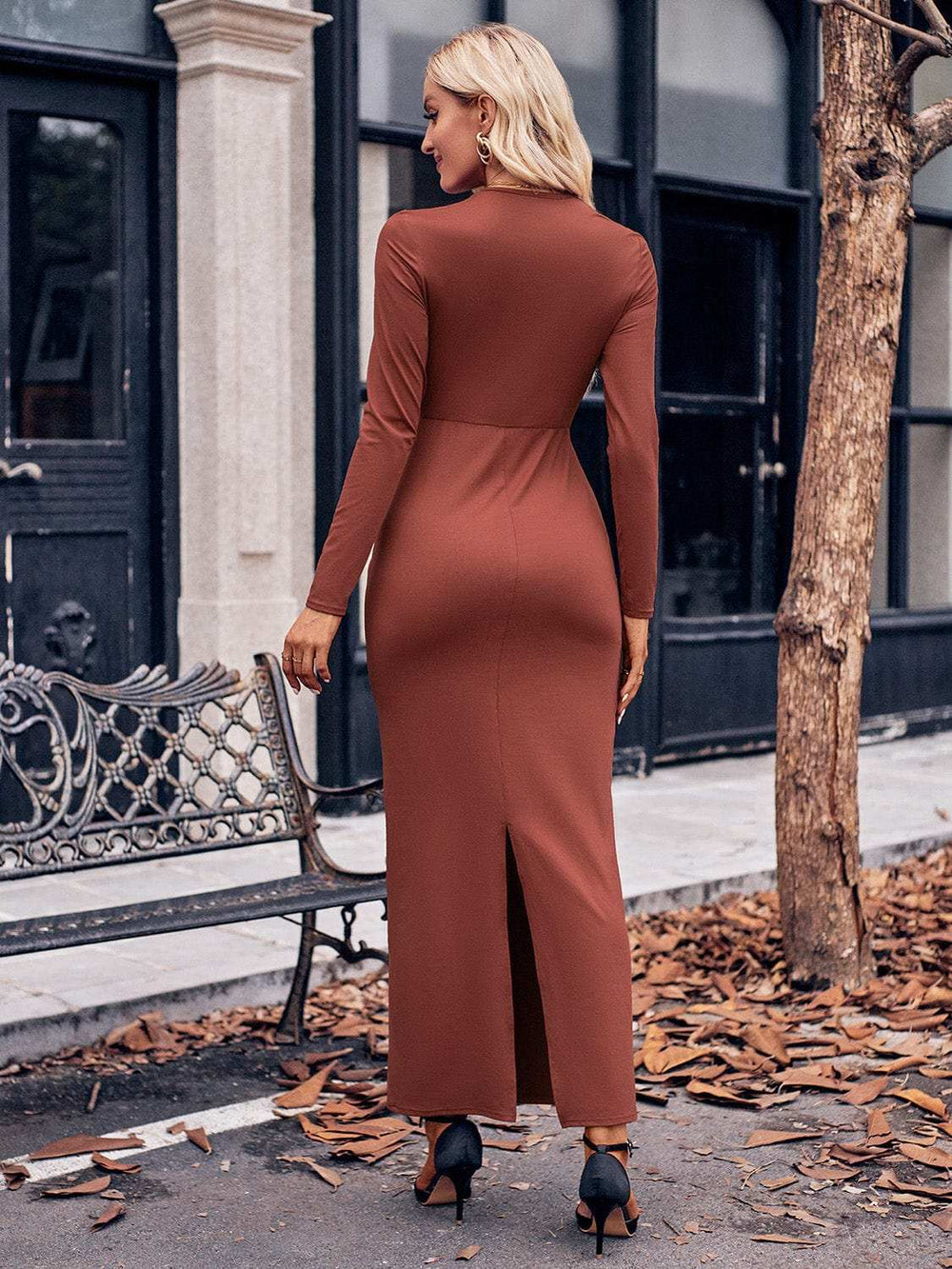 Slit Twisted Surplice Long Sleeve Dress - Trendsi - Flyclothing LLC