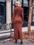 Slit Twisted Surplice Long Sleeve Dress - Trendsi - Flyclothing LLC