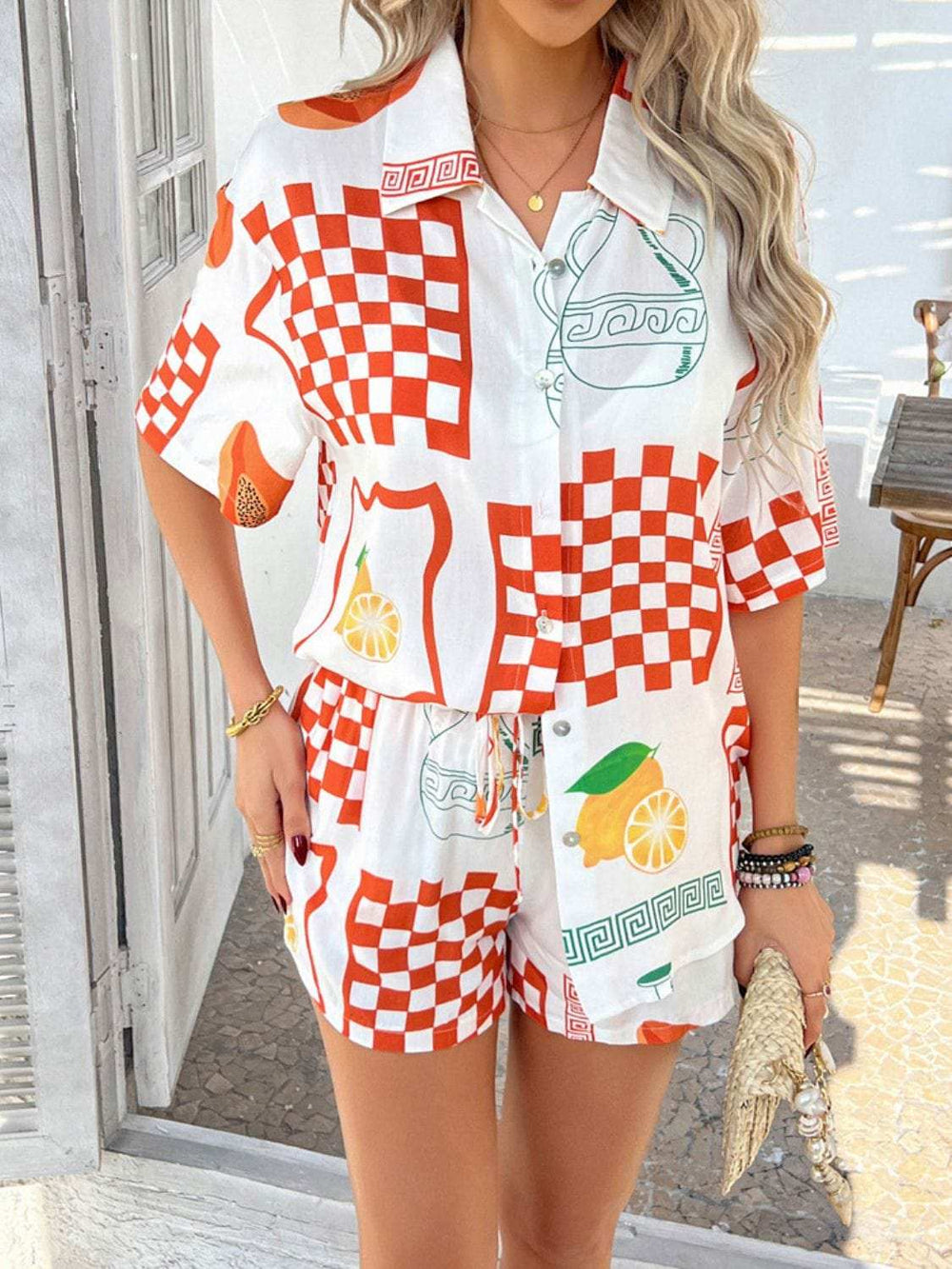 Devine Printed Collared Neck Half Sleeve Top and Shorts Set - Trendsi - Flyclothing LLC