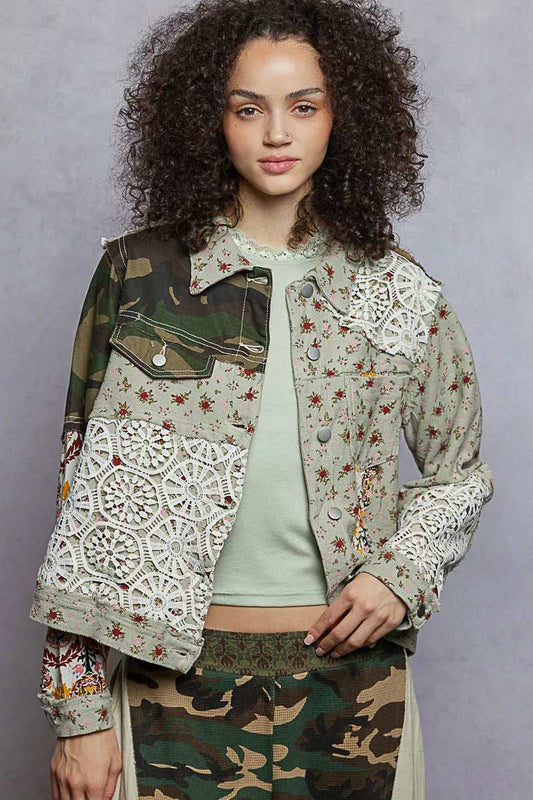 POL Floral Printed French Terry Jacket with Crochet Contrast - Trendsi - Flyclothing LLC