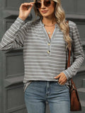 Striped Notched Long Sleeve T-Shirt - Trendsi - Flyclothing LLC