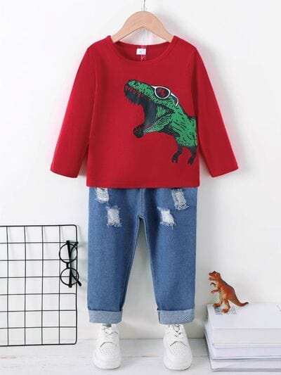 Dinosaur Round Neck Long Sleeve Top and Distressed Pants Set - Trendsi - Flyclothing LLC