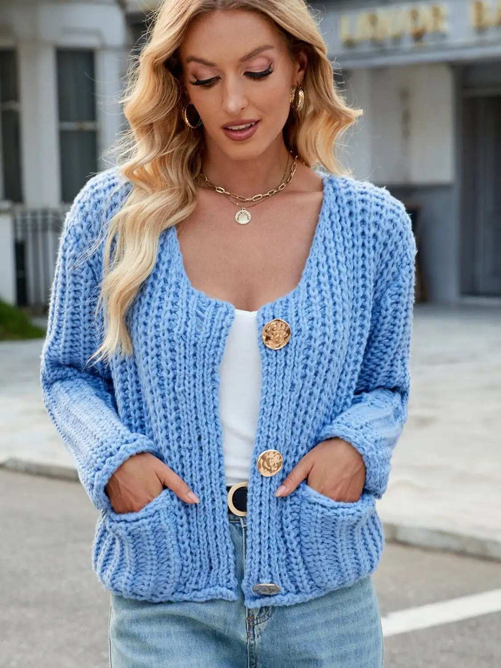 Round Neck Button Up Cardigan with Pockets - Trendsi - Flyclothing LLC
