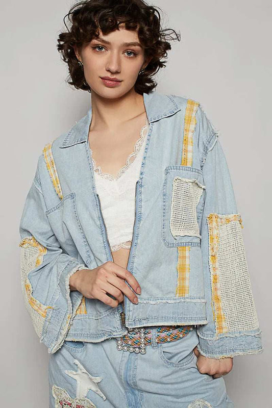 POL Raw Hem Zip Up Denim Jacket with Plaid and Crochet Patch - Trendsi - Flyclothing LLC