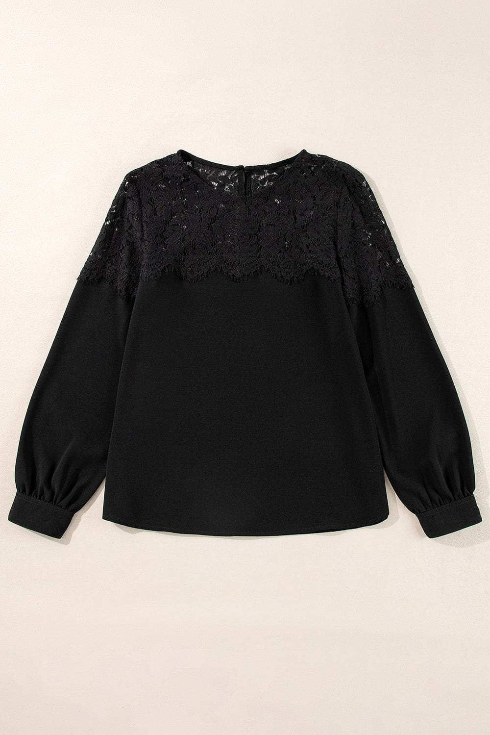Lace Detail Round Neck Long Sleeve Blouse - Trendsi - Flyclothing LLC