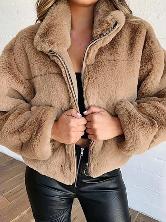 Full Size Faux Fur Cropped Zip-Up Jacket Plus Size - Trendsi - Flyclothing LLC