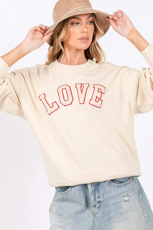 SAGE + FIG LOVE Path Applique Drop Shoulder Sweatshirt - Trendsi - Flyclothing LLC
