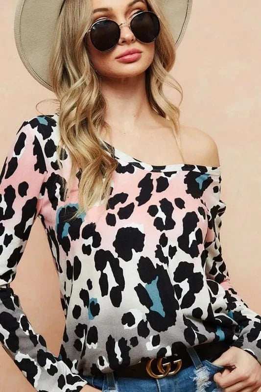 BiBi Gradation Leopard Print Soft Knit Deep U Neck Top - Trendsi - Flyclothing LLC