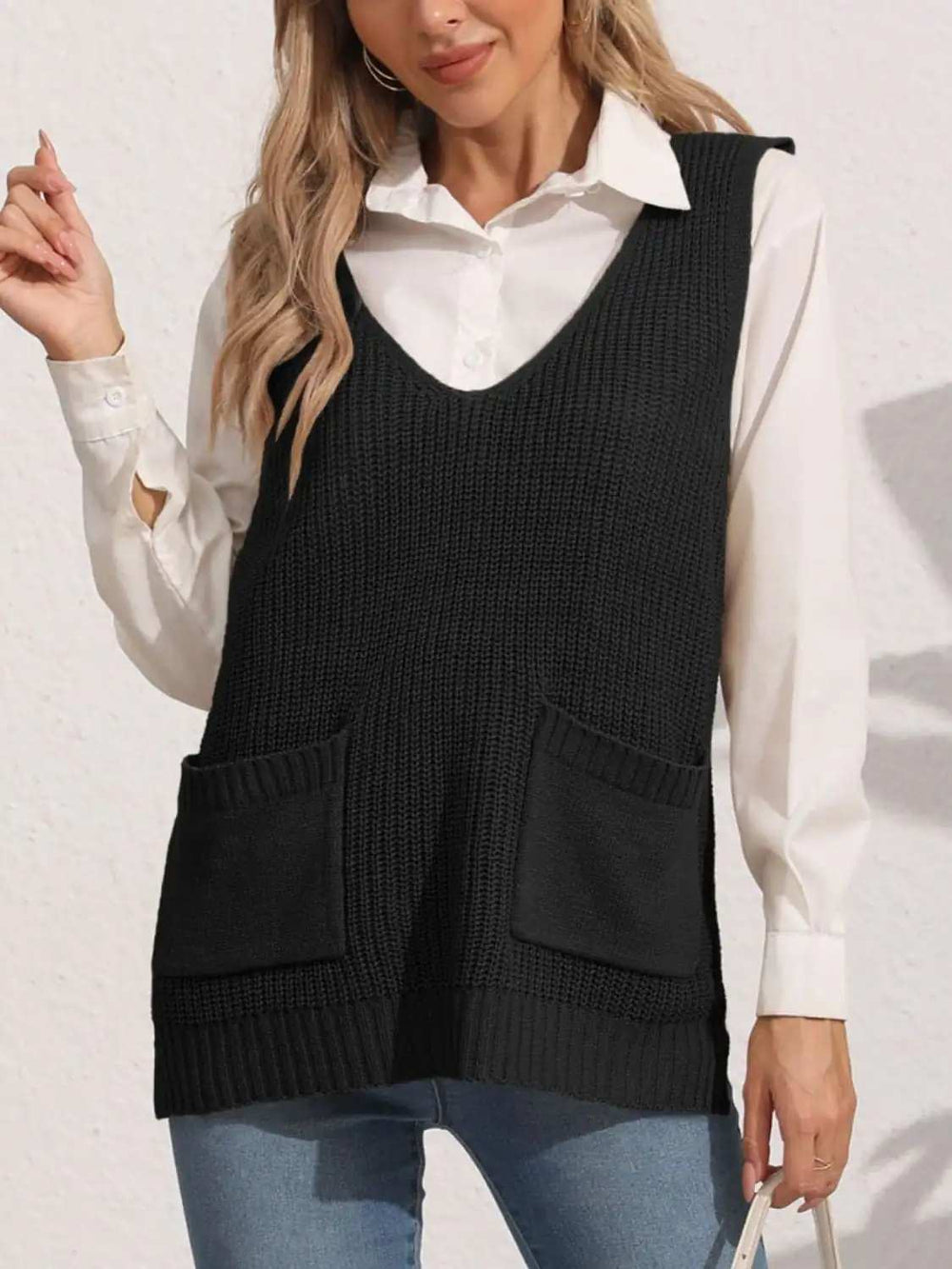 Pocketed V-Neck Sweater Vest - Trendsi - Flyclothing LLC